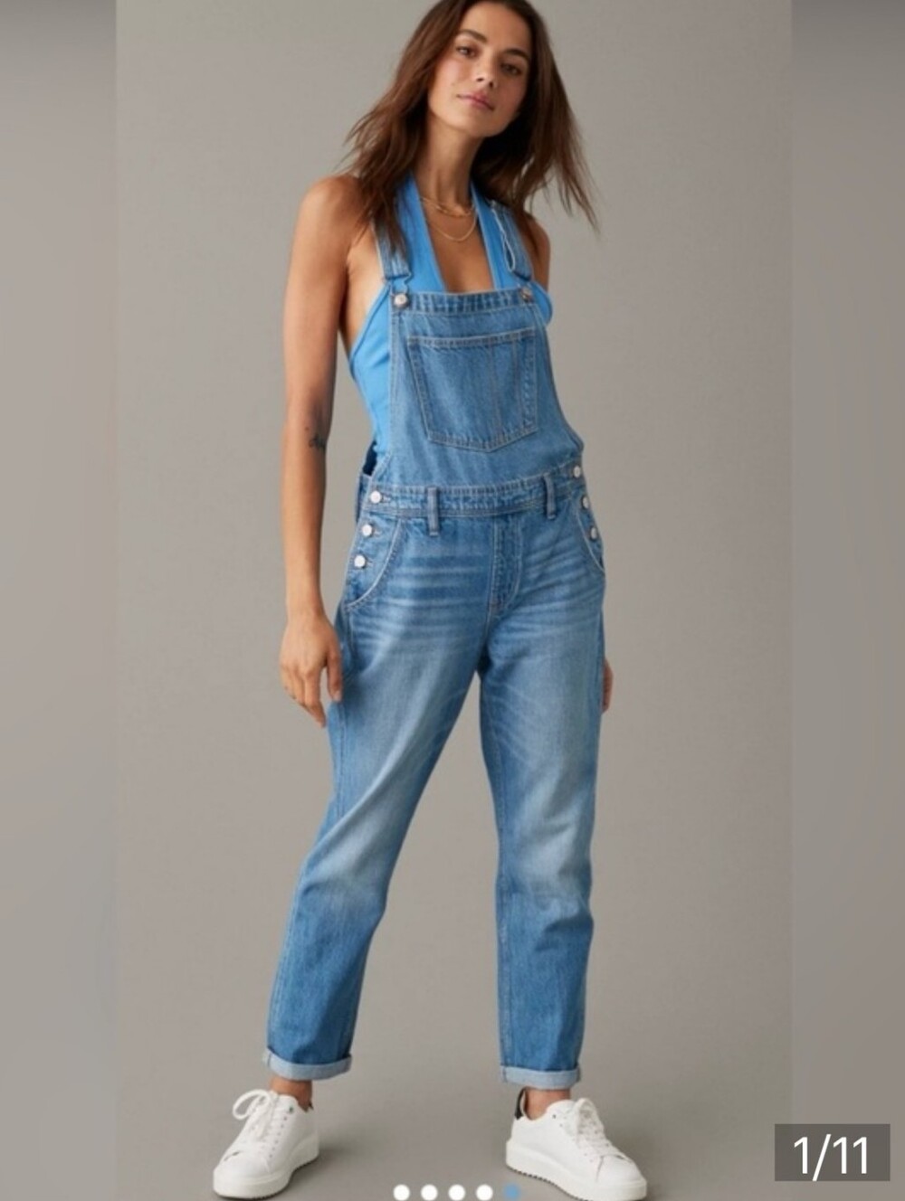 American Eagle Denim Overalls Medium Adjustable Strap Straight Leg Light Wash